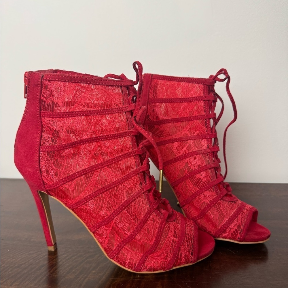 JustFab Red Lace Up Stiletto Heels, US Size 8.5
